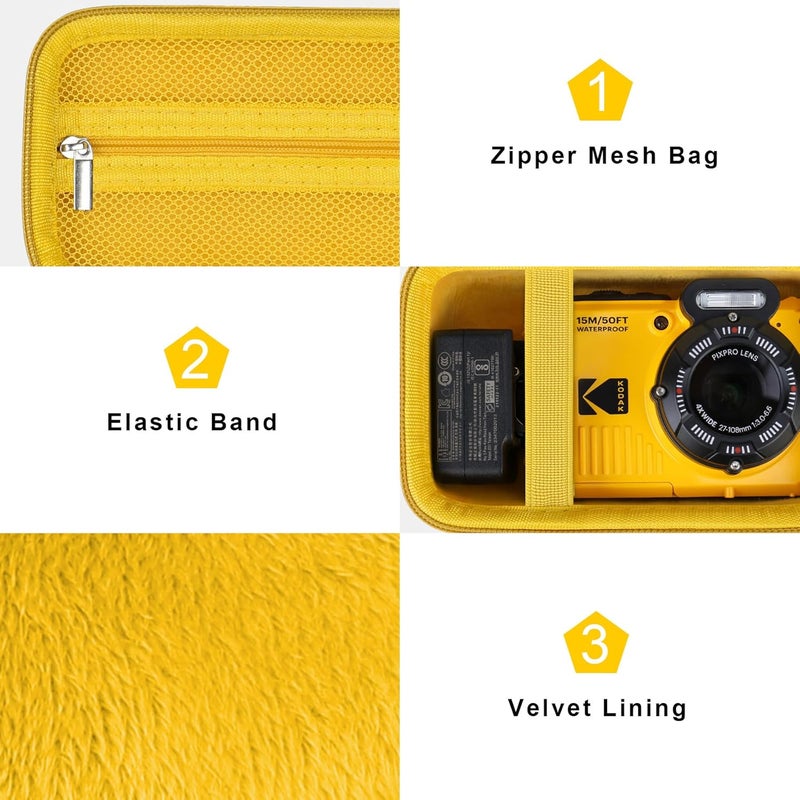 Canboc Carrying Case for Kodak PIXPRO WPZ2 Rugged Waterproof Digital Camera, Underwater Photography Camera Bag, Mesh Pocket fits USB Cable, Battery, Adapter, Yellow (Case Only) - Image 5